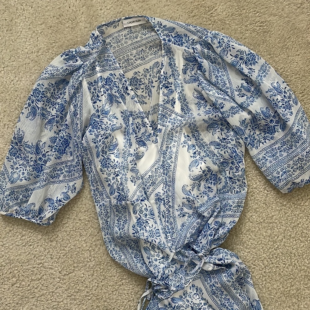 Calvin Klein Blue and White Paisley Wrap Dress